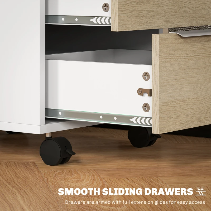 HOMCOM 3 Drawer File Cabinet with Wheels, Vertical Filing Cabinet with Lock, Oak