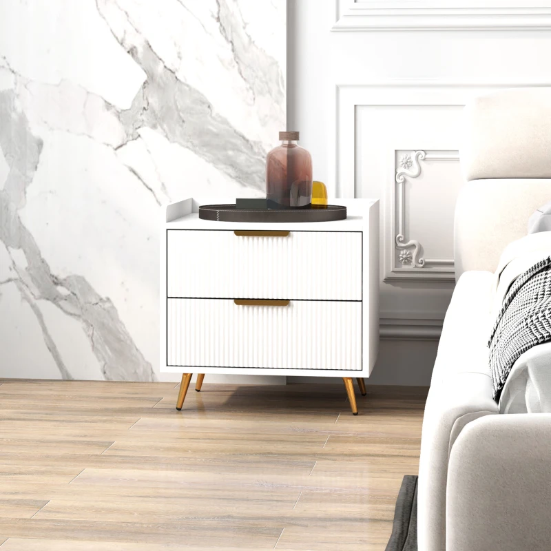HOMCOM Bedside Table, Nightstand with 2 Drawers, Side End Table with Metal Legs for Bedroom, White