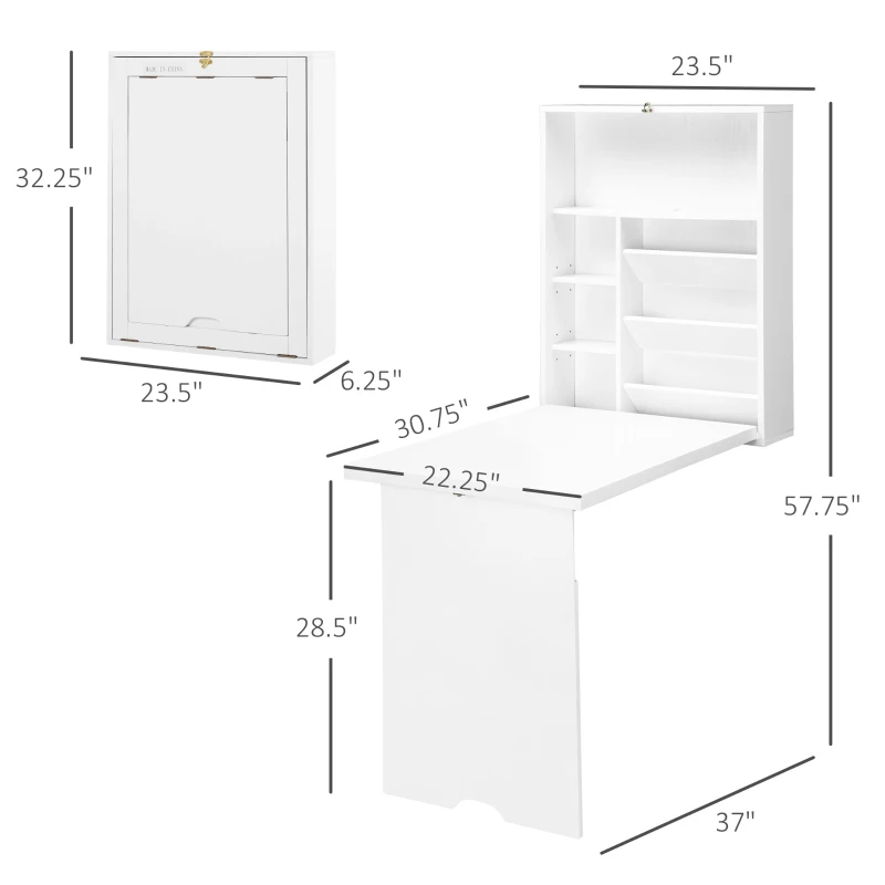 HOMCOM Wall Mounted Fold Out Convertible Desk, Multi-Function Floating Desk with Storage Shelf for Home Office, White