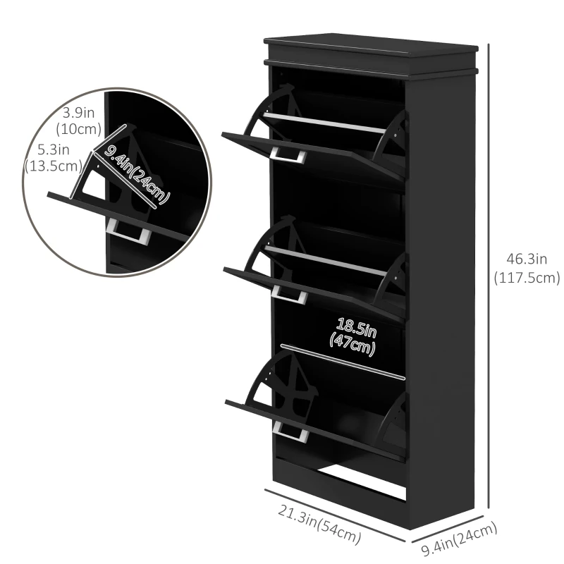 HOMCOM Slim Shoe Cabinet with 3 Flip Drawers and Adjustable Shelves, Narrow Shoe Cabinet for 15 Pairs of Shoes, Black