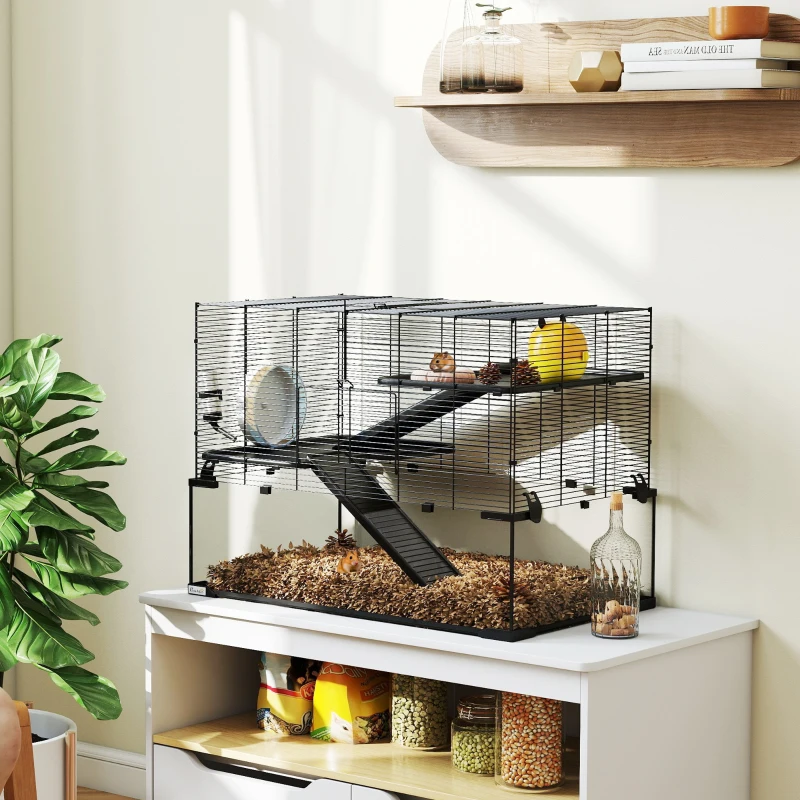 PawHut Hamster Cage, Gerbil Cage with Glass Basin for Small Hamsters, Black