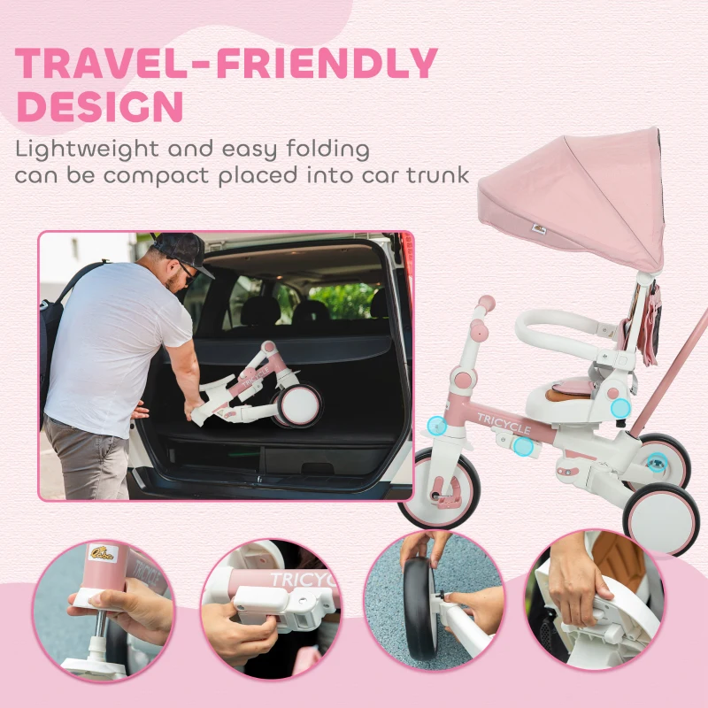 Qaba 7 in 1 Toddler Tricycle with Safety Harness, Adjustable & Removable Parent Handle, Canopy, Storage Bag, Brake, Pink