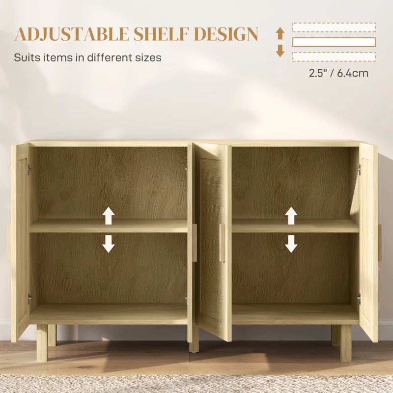 HOMCOM Boho Sideboard Buffet Cabinet, Storage Cabinet with 4 Rattan Doors and Adjustable Shelves, Natural