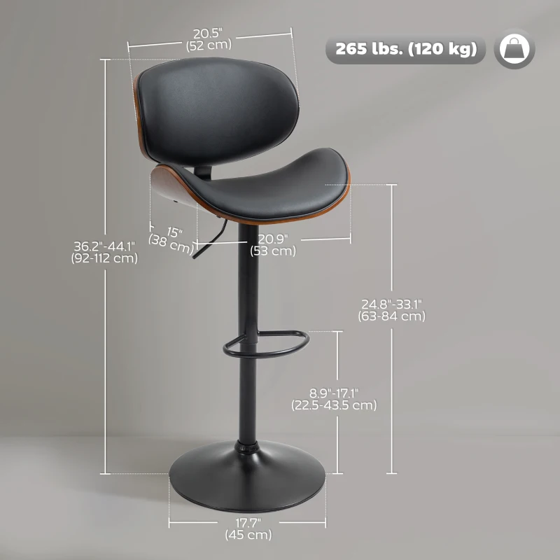 HOMCOM Bar Stools Set of 2, Modern PU Leather Adjustable Swivel Barstools with Curved Back, Footrest and Steel Base, Black