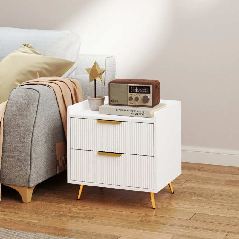 HOMCOM Bedside Table, Nightstand with 2 Drawers, Side End Table with Metal Legs for Bedroom, White