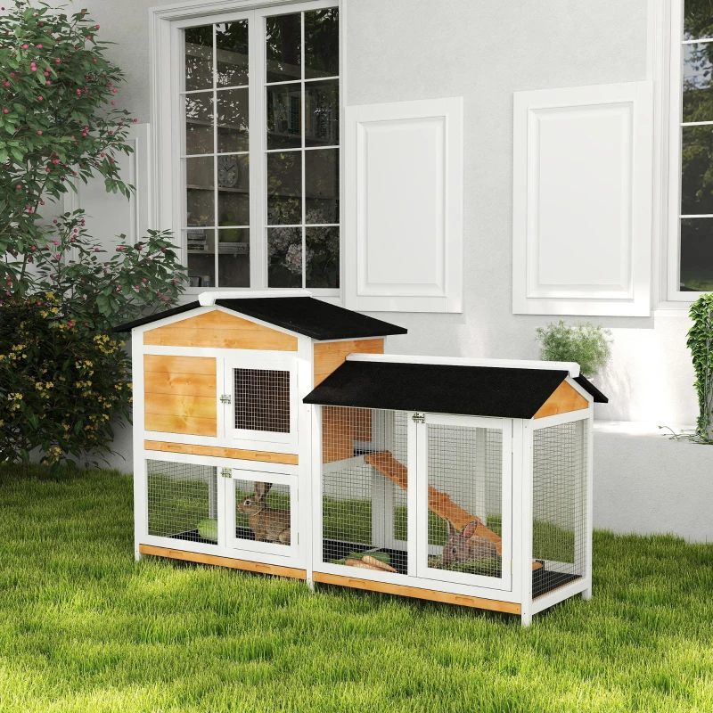 PawHut 2-tier Wood Rabbit Hutch Backyard Bunny Cage Small Animal House w/ Ramp and Outdoor Run, Yellow
