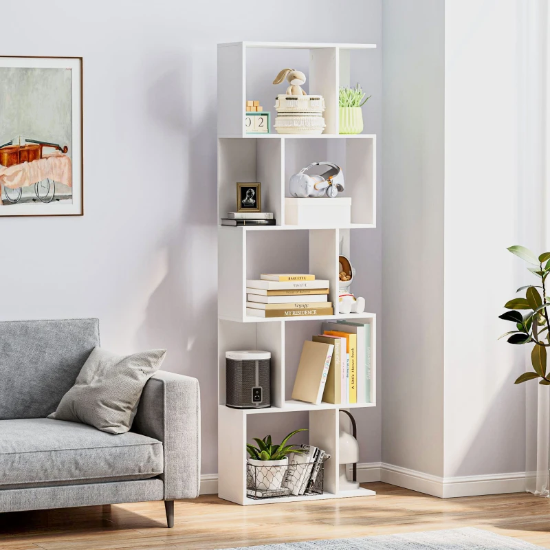 HOMCOM 5-Tier Geometric Bookshelf, S Shaped Bookcase, Modern Freestanding Display Shelf Unit for Home Office, White