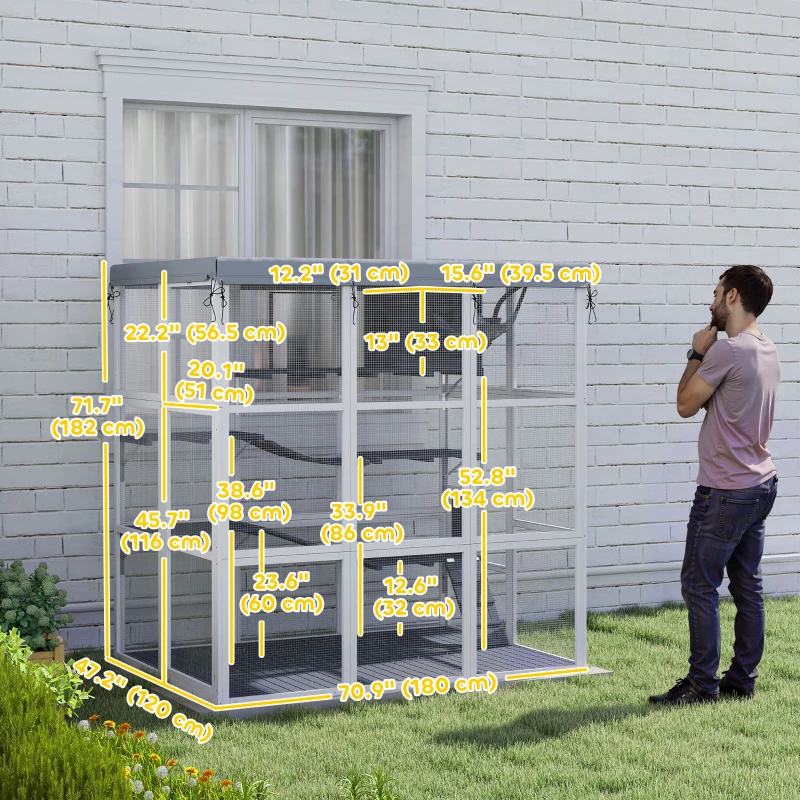 PawHut 71" Catio Outdoor Cat Enclosure w/ Weatherproof Tarp, Hammock, Condo, Jump Platforms, Ladders, Ramps, for 2-4 Kittens
