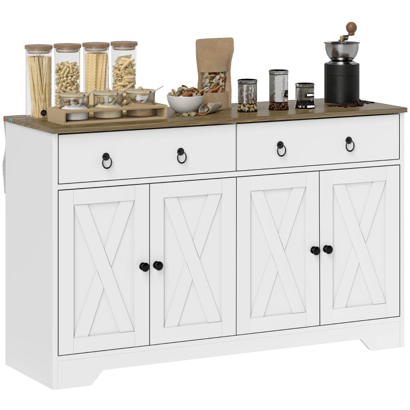 HOMCOM Kitchen Storage Sideboard, Farmhouse Buffet Cabinet with Barn Style Doors, Drawers, Adjustable Shelves, White