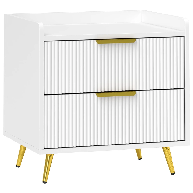HOMCOM Bedside Table, Nightstand with 2 Drawers, Side End Table with Metal Legs for Bedroom, White