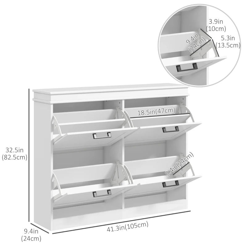 HOMCOM Shoe Storage Cabinet with 4 Flip Drawers and Adjustable Shelves, Narrow Shoe Cabinet for 20 Pairs of Shoes, White