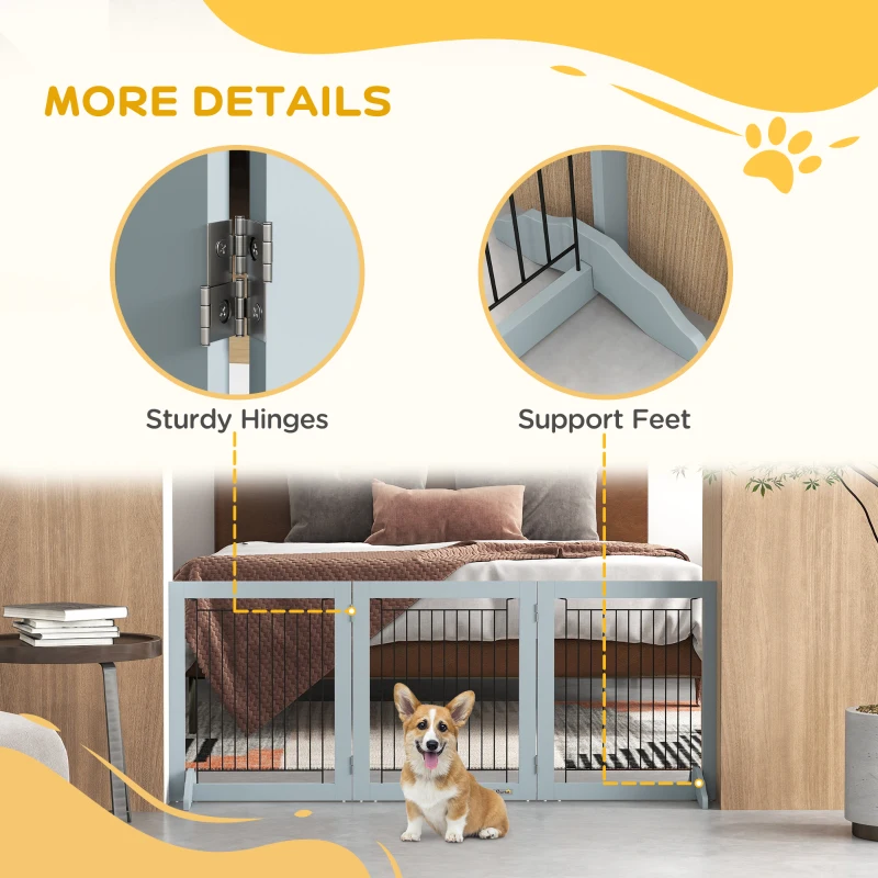 PawHut Freestanding Pet Gate, Folding Dog Gate with 2 Support Feet, 24" High, 3 Panels, for Small Dogs, Indoor Use - Grey