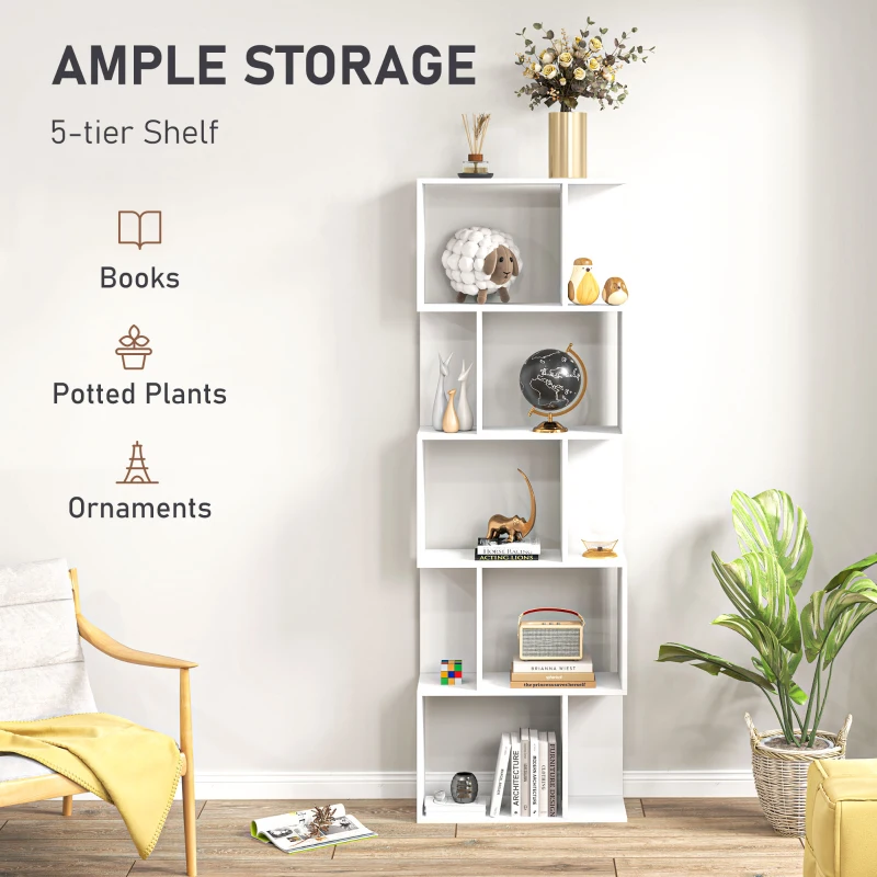HOMCOM 5-Tier Geometric Bookshelf, S Shaped Bookcase, Modern Freestanding Display Shelf Unit for Home Office, White