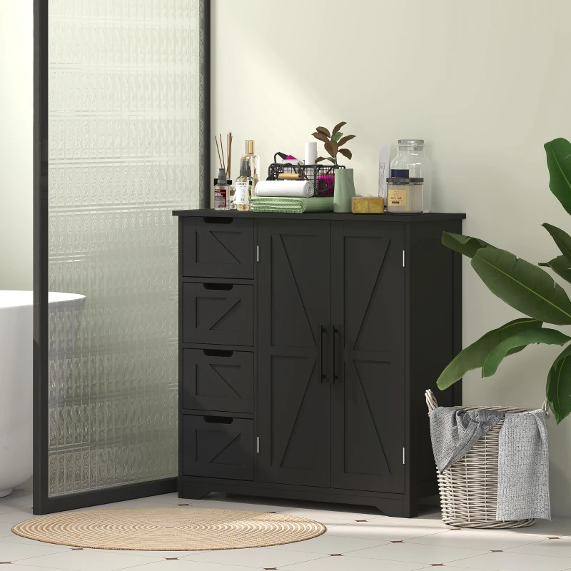 HOMCOM Bathroom Floor Cabinet, Farmhouse Bathroom Storage Cabinet with Adjustable Shelf, Black