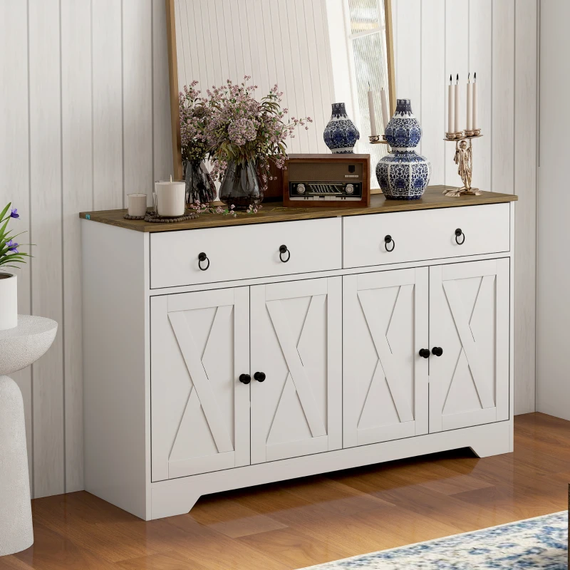 HOMCOM Kitchen Storage Sideboard, Farmhouse Buffet Cabinet with Barn Style Doors, Drawers, Adjustable Shelves, White