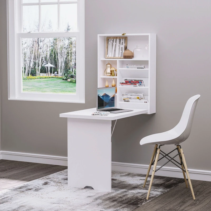 HOMCOM Wall Mounted Fold Out Convertible Desk, Multi-Function Floating Desk with Storage Shelf for Home Office, White