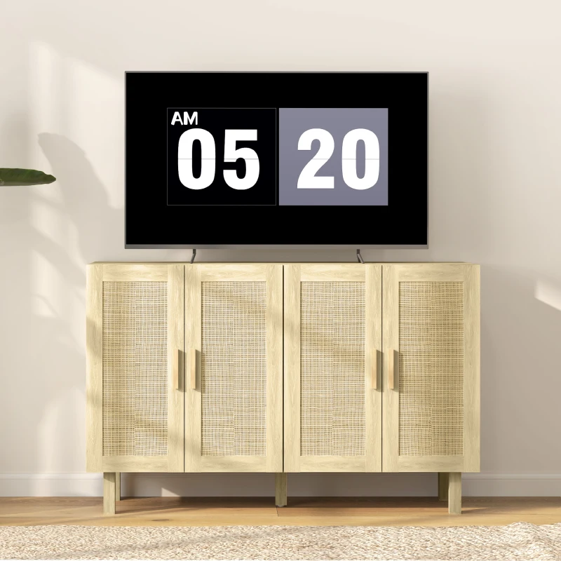 HOMCOM Boho Kitchen Cabinet, Buffet Cabinet with 4 Rattan Doors and Adjustable Shelves for Dining Room, Natural