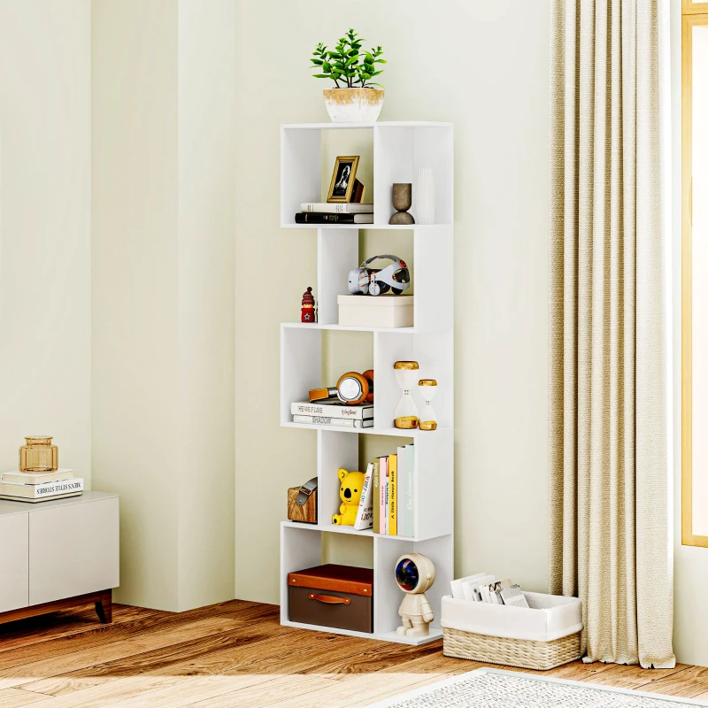HOMCOM 5-Tier Geometric Bookshelf, S Shaped Bookcase, Modern Freestanding Display Shelf Unit for Home Office, White