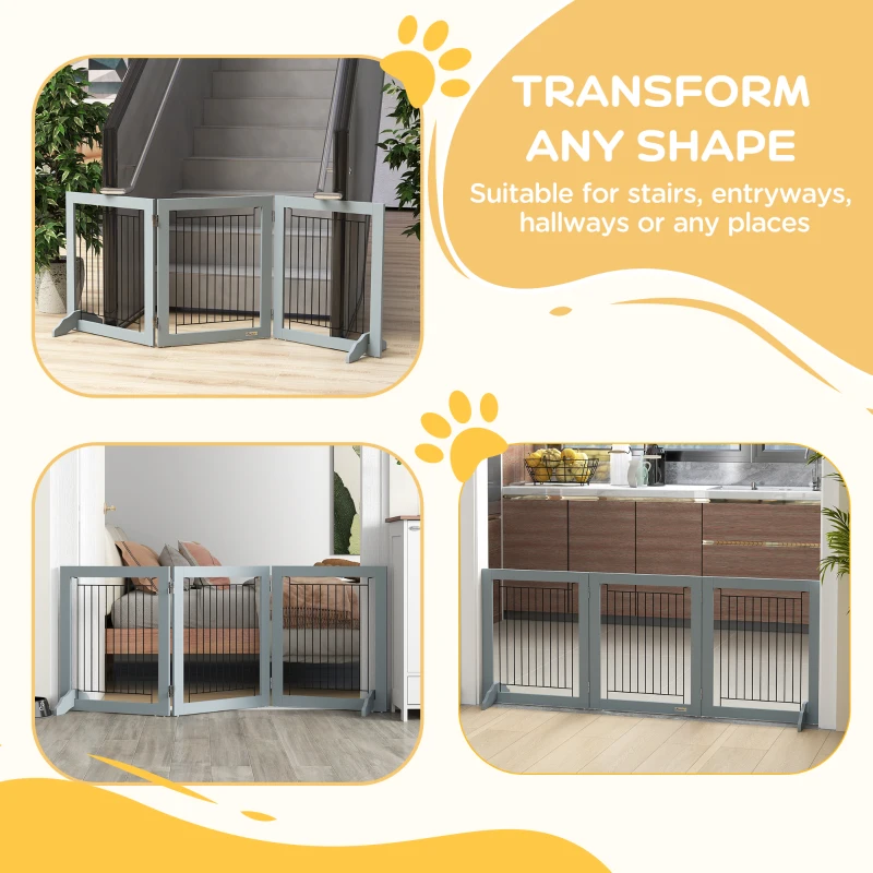 PawHut Freestanding Pet Gate, Folding Dog Gate with 2 Support Feet, 24" High, 3 Panels, for Small Dogs, Indoor Use - Grey