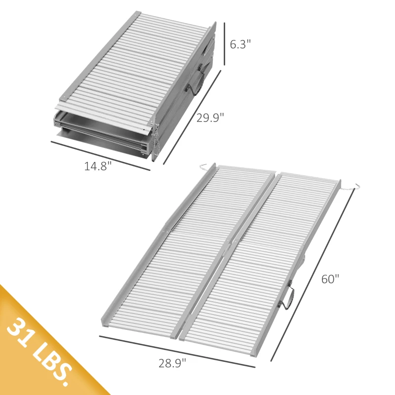 HOMCOM 5' Foldable Handicap Ramp for Home, Steps, Doorways, Aluminum Portable Wheelchair Ramp, Textured Threshold Ramp, Silver