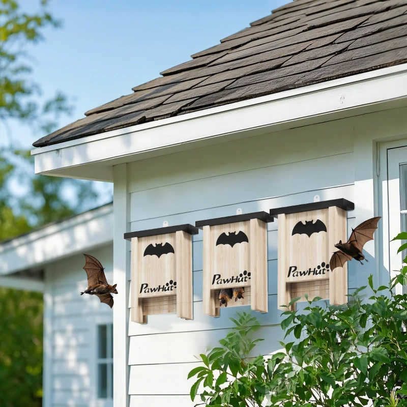 PawHut 3PCs Wooden Bat Boxes, Bat Houses Designed to Attract Bats & Easy to Hang for Outdoor, Garden, Farm, 18 x 6 x 22.5 cm