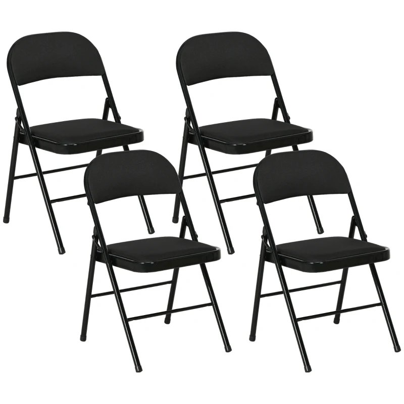 HOMCOM Set of 4 Metal Foldable Chairs, Linen Fabric Padded Folding Chairs with Cushion Seat and Open Back for Indoor, Black