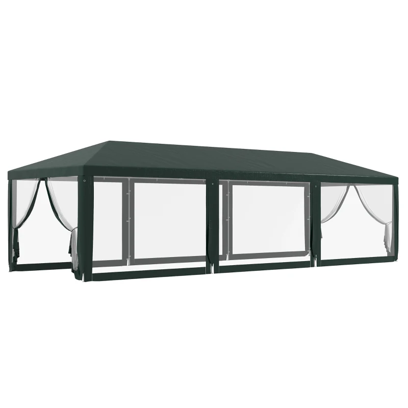 Outsunny 10' x 28' Outdoor Canopy, Party Tent, Garden Sun Shade with 8 Mosquito Mesh Netting and Zipper Door, Green