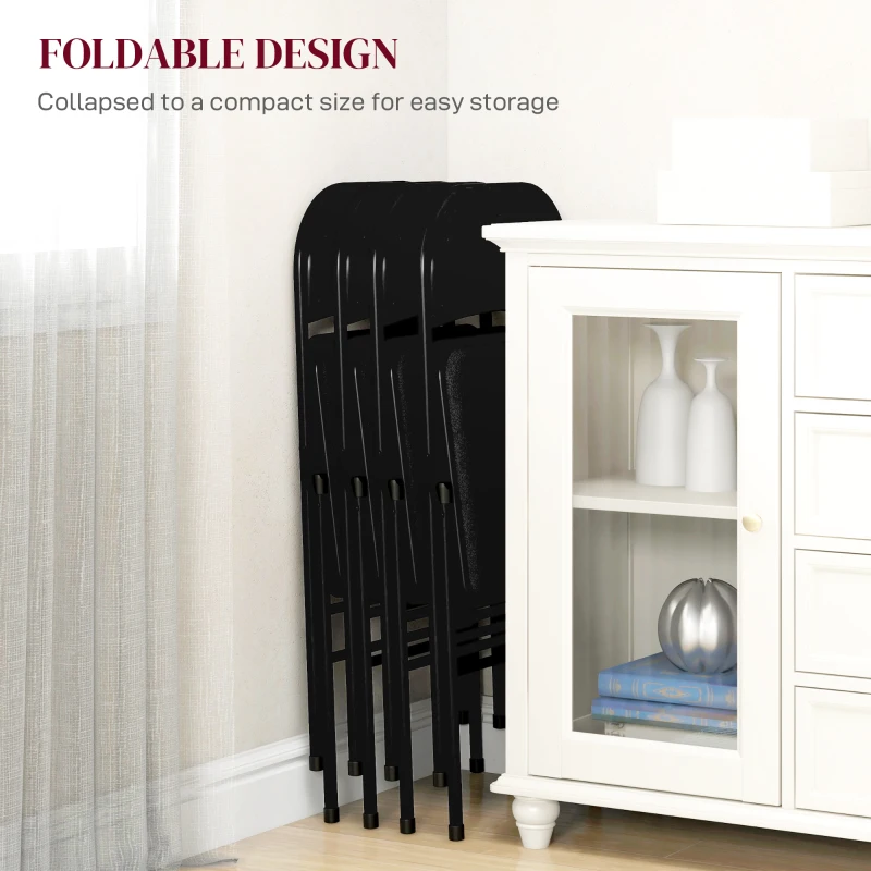 HOMCOM Set of 4 Metal Foldable Chairs, Linen Fabric Padded Folding Chairs with Cushion Seat and Open Back for Indoor, Black