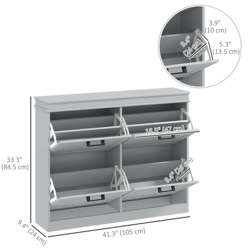 HOMCOM Shoe Storage Cabinet with 4 Flip Drawers and Adjustable Shelves, Narrow Shoe Cabinet for 20 Pairs of Shoes, Grey