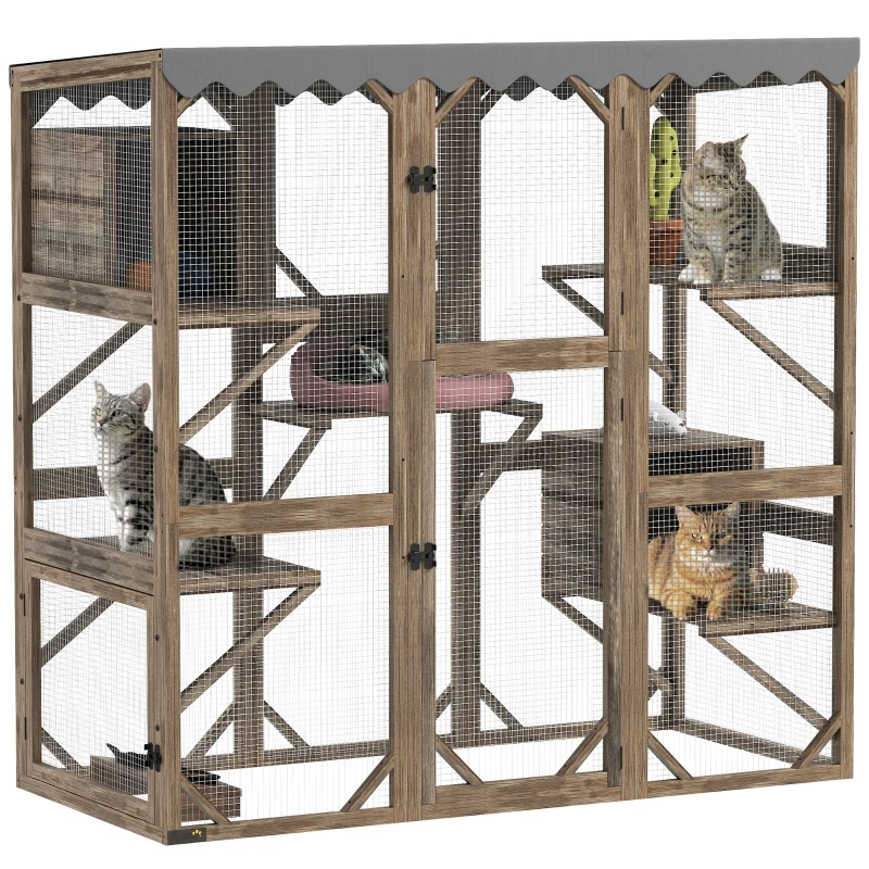 PawHut Outdoor Cat Enclosure with Window Access, 5 Platforms and 2 Resting Boxes, Waterproof Roof for Multiple Cats, Brown