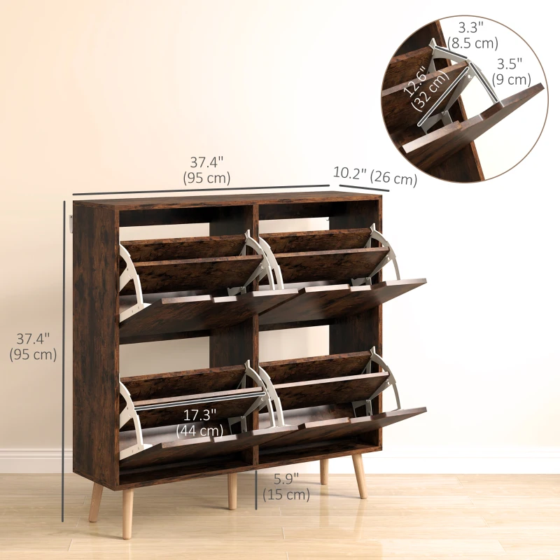 HOMCOM Shoe Storage Cabinet with 4 Flip Drawers and Adjustable Shelf, Shoe Cabinet for 8-16 Pairs of Shoes, Rustic Brown