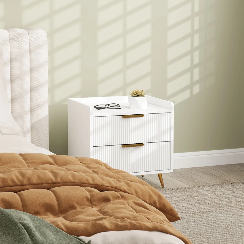 HOMCOM Bedside Table, Nightstand with 2 Drawers, Side End Table with Metal Legs for Bedroom, White