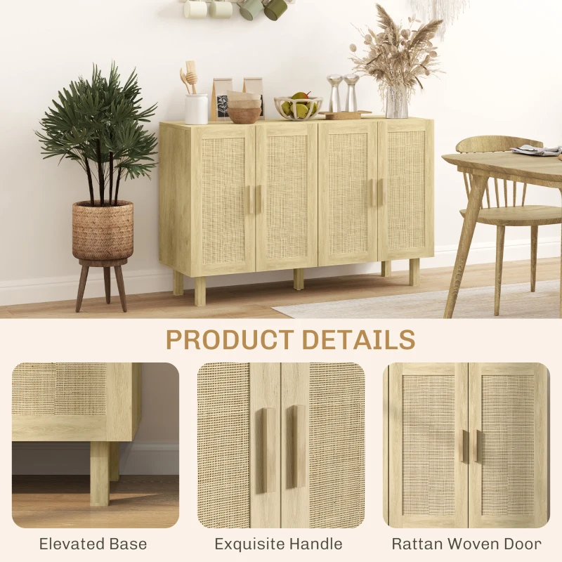 HOMCOM Boho Sideboard Buffet Cabinet, Storage Cabinet with 4 Rattan Doors and Adjustable Shelves, Natural