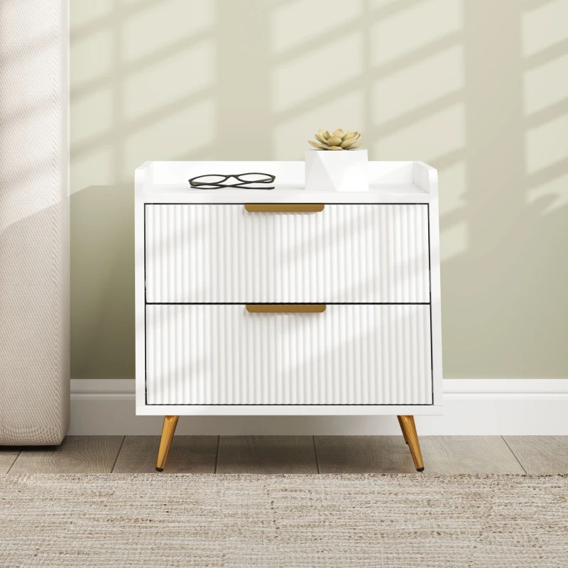 HOMCOM Bedside Table, Nightstand with 2 Drawers, Side End Table with Metal Legs for Bedroom, White
