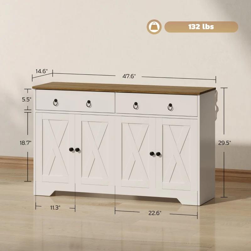 HOMCOM Kitchen Storage Sideboard, Farmhouse Buffet Cabinet with Barn Style Doors, Drawers, Adjustable Shelves, White
