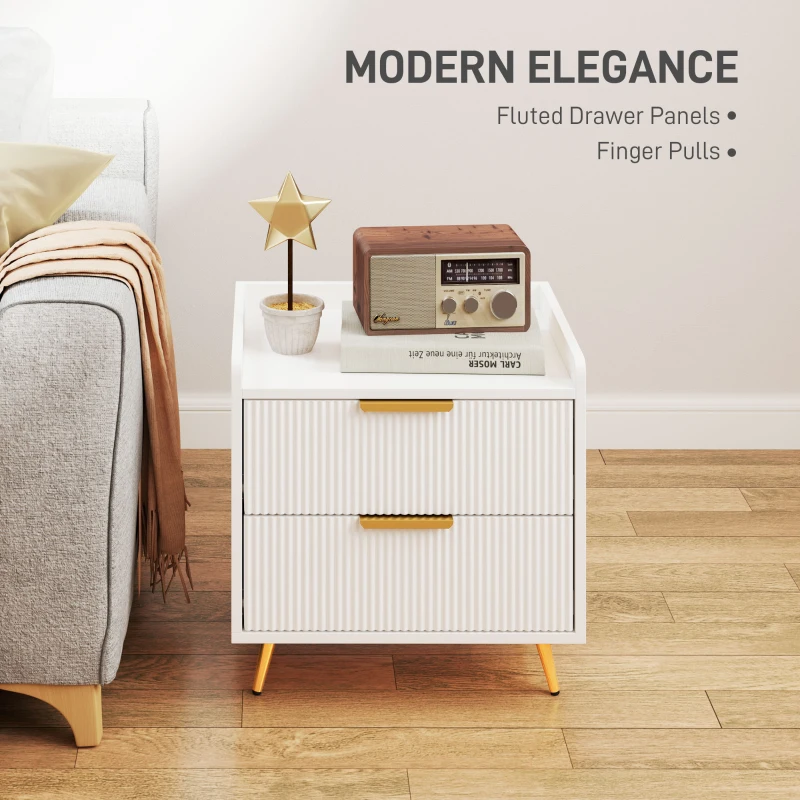 HOMCOM Bedside Table, Nightstand with 2 Drawers, Side End Table with Metal Legs for Bedroom, White