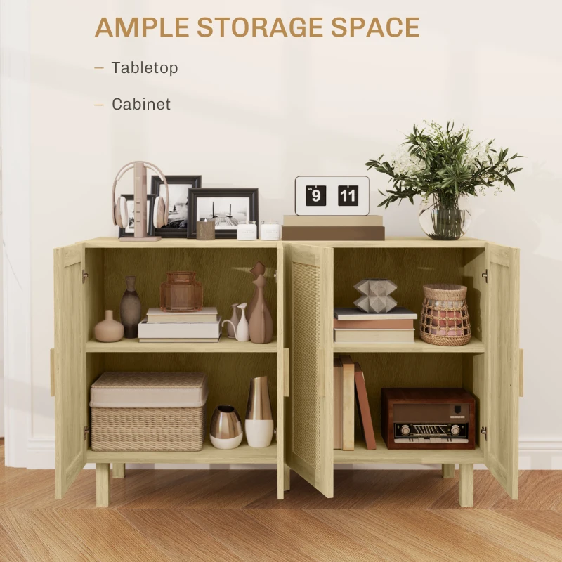 HOMCOM Boho Sideboard Buffet Cabinet, Storage Cabinet with 4 Rattan Doors and Adjustable Shelves, Natural