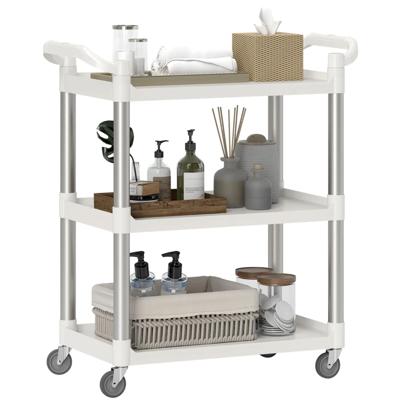 HOMCOM 3-Tier Utility Cart Rolling Storage Trolley with 3 Shelves, Silver and White