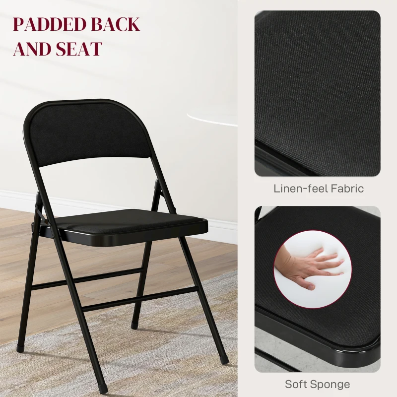 HOMCOM Set of 4 Metal Foldable Chairs, Linen Fabric Padded Folding Chairs with Cushion Seat and Open Back for Indoor, Black