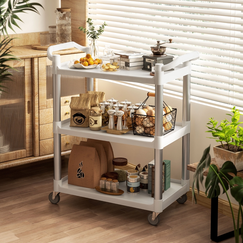 HOMCOM 3-Tier Utility Cart Rolling Storage Trolley with 3 Shelves, Silver and White