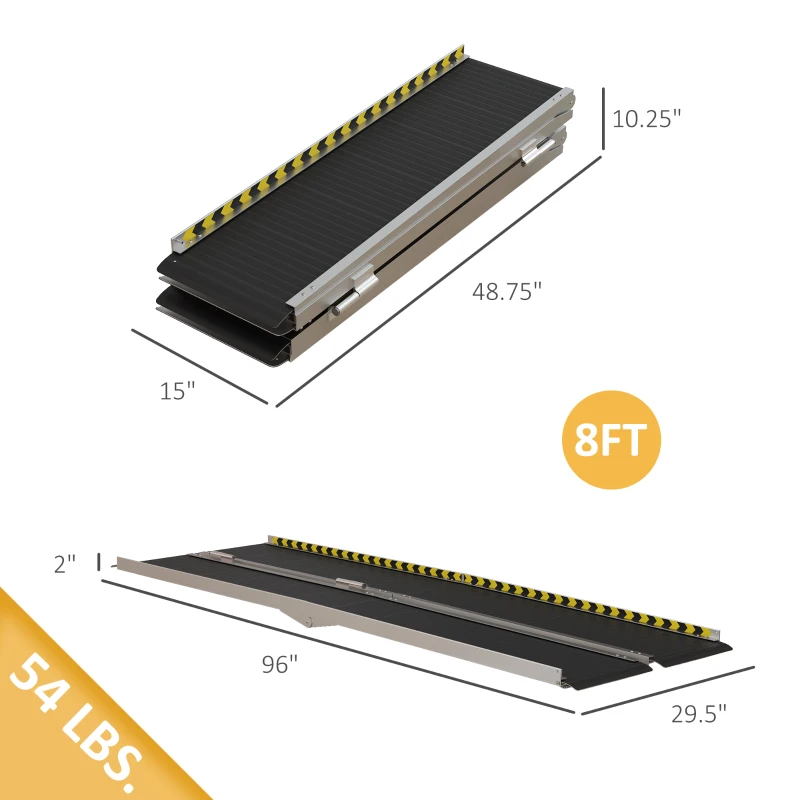 HOMCOM FSA/HSA Eligible Wheelchair Ramp, 8FT Foldable Threshold Ramp, Aluminum Handicap Ramp with Non-Slip Surface, Transition Plates Above and Below for Home, Doorways, Steps, 600lbs Capacity