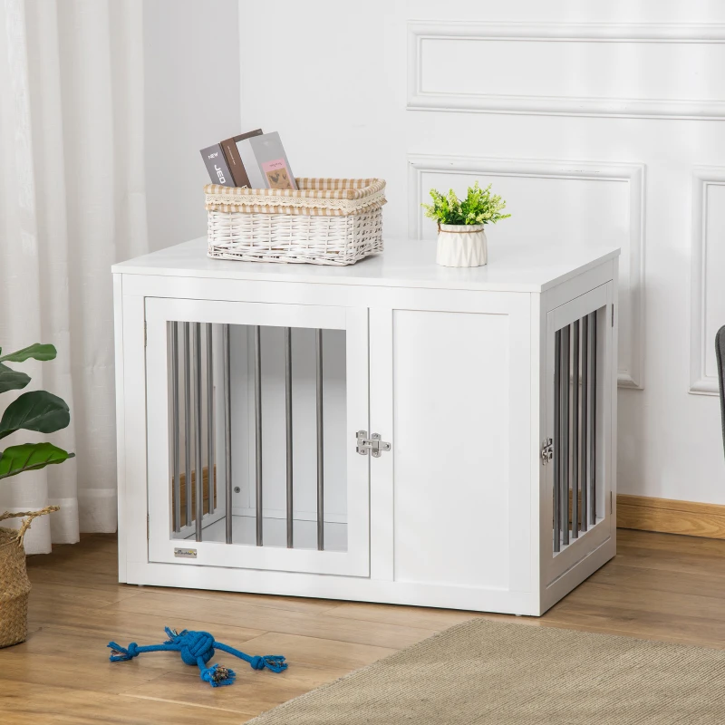 PawHut 2-in-1 Dog Cage and Side Table, with Two Lockable Doors, for Medium Dogs - White