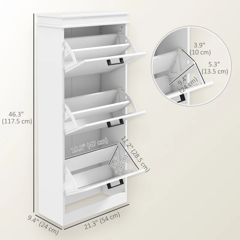 HOMCOM Slim Shoe Cabinet with 3 Flip Drawers and Adjustable Shelves, Narrow Shoe Cabinet for 15 Pairs of Shoes, White