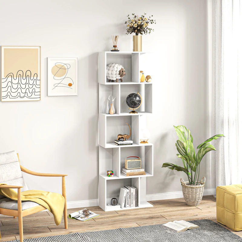 HOMCOM 5-Tier Geometric Bookshelf, S Shaped Bookcase, Modern Freestanding Display Shelf Unit for Home Office, White