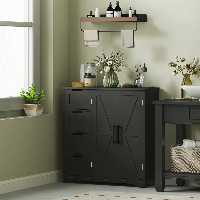 HOMCOM Bathroom Floor Cabinet, Farmhouse Bathroom Storage Cabinet with Adjustable Shelf, Black