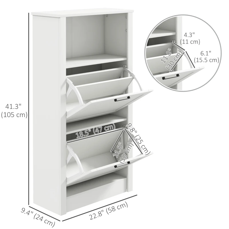 HOMCOM Narrow Shoe Cabinet with Open Shelf and 2 Flip Drawers for 10 Pairs of Shoes, for Entryway, Hallway, White