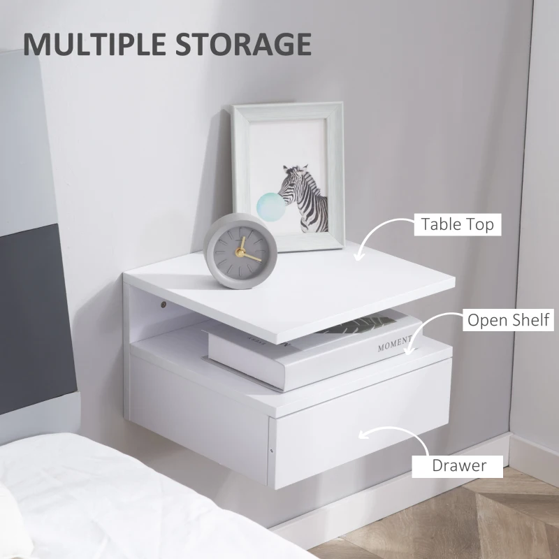 HOMCOM Floating Nightstand Set of 2, Wall Mounted Bedside Table with Drawer and Shelf, Small Night Stand for Bedroom, White