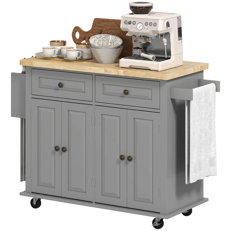 HOMCOM Kitchen Island Cart with Rubber Wood Top, Rolling Kitchen Island Table on Wheels with Drawers, Adjustable Shelves, Spice Rack and Towel Rack for Dining Room, Gray