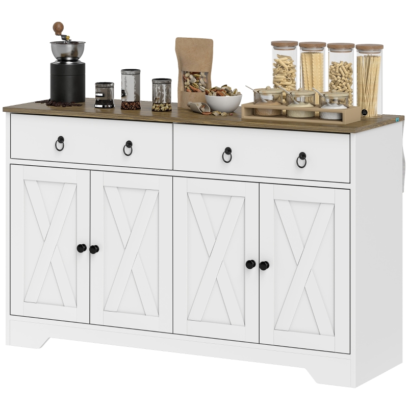 HOMCOM Kitchen Storage Sideboard, Farmhouse Buffet Cabinet with Barn Style Doors, Drawers, Adjustable Shelves, White