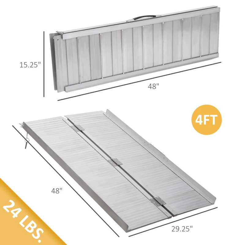 HOMCOM Wheelchair Ramp 4FT, FSA HSA Eligible Foldable Aluminum Threshold Ramp with Non-Slip Surface and Handle, 600lbs Weight Capacity, Suitcase Handicap Ramp for Home, Doorways, Curbs, Steps